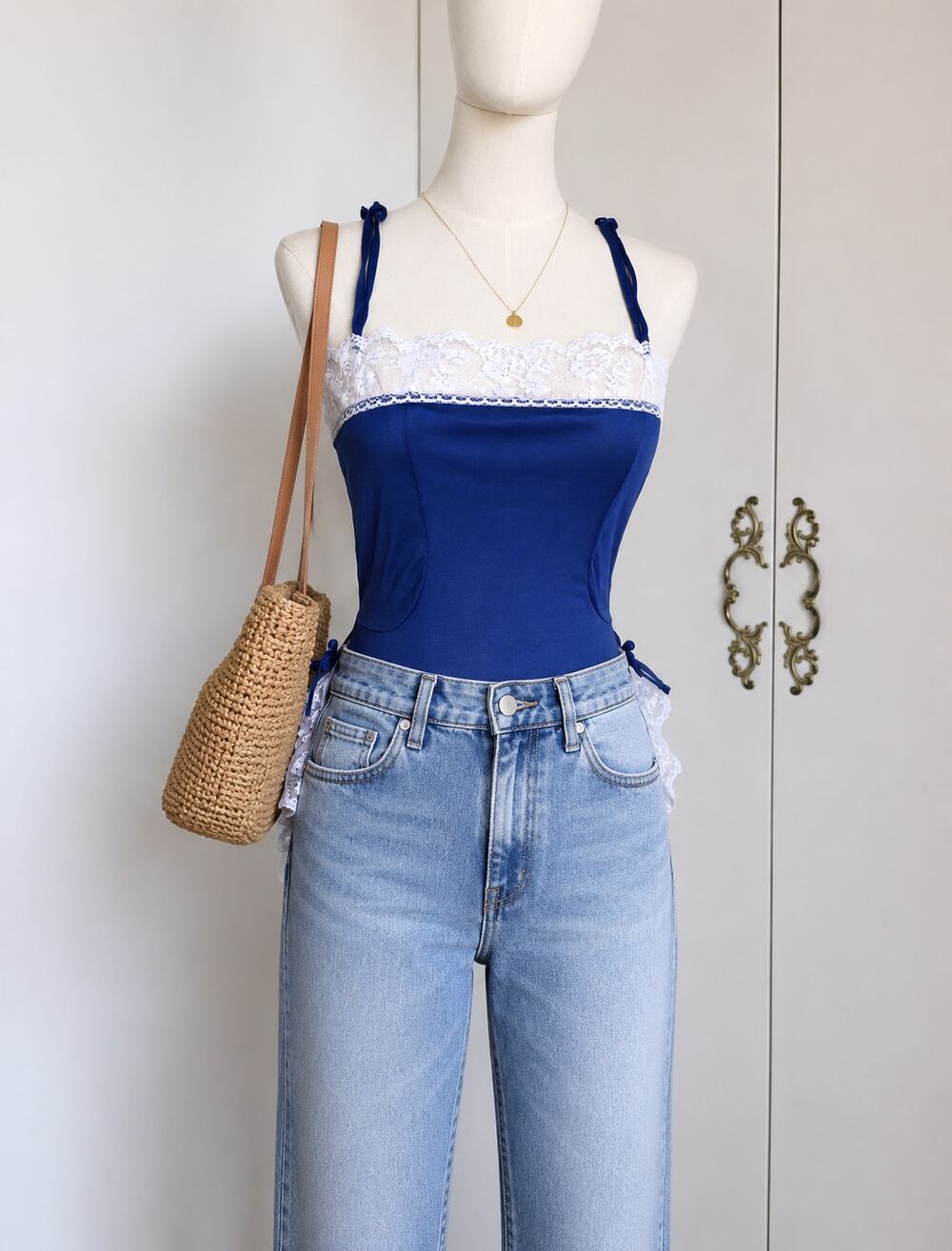 Vintage Lingerie Teddy Size Small/4-6 Navy White Lace Trim Sexy Romantic Tank
